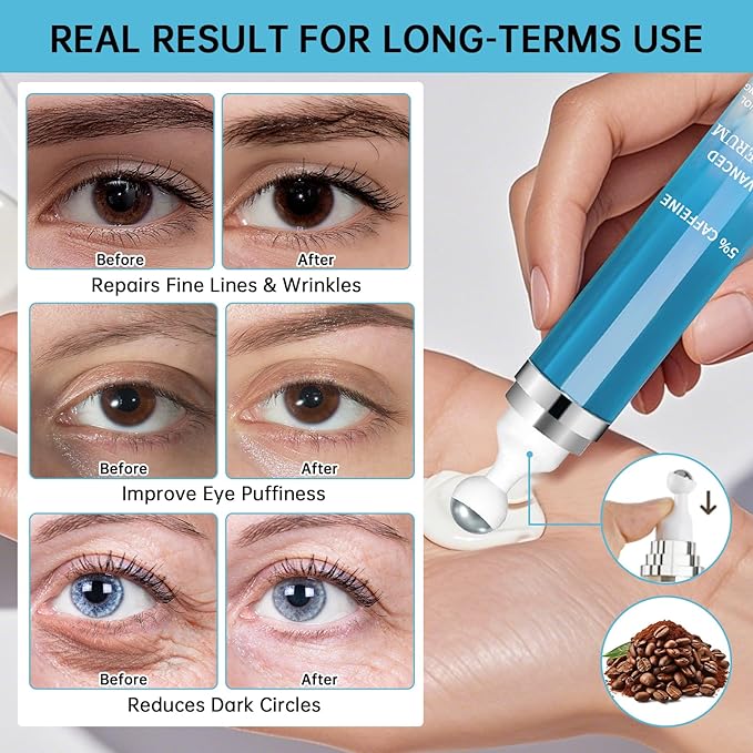 5% Caffeine Eye Cream Anti Aging, Cream For Puffiness & Bags Under Eyes, 1 PCS Caffeine Eye Serum With Under Roller For Wrinkles, Fine Lines & Dark Circles, Natural Eyes Daily Care