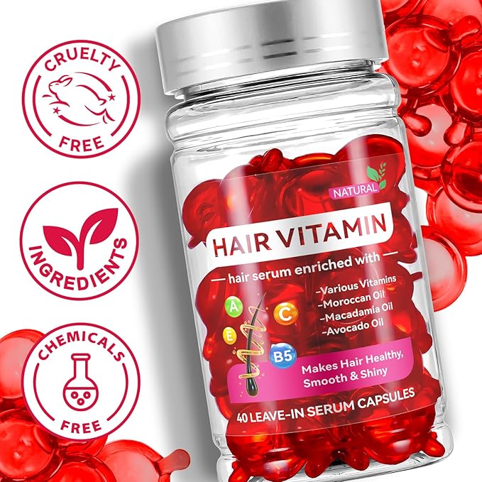 Hair Vitamins, Hair Vitamin Oil Capsules with Avocado Oil, Hair Treatment Serum for Frizzy & Dry Hair, Leave-in Anti Frizz Hair Styling Moisturizing Serum Capsules for Women, 40PCS, Red