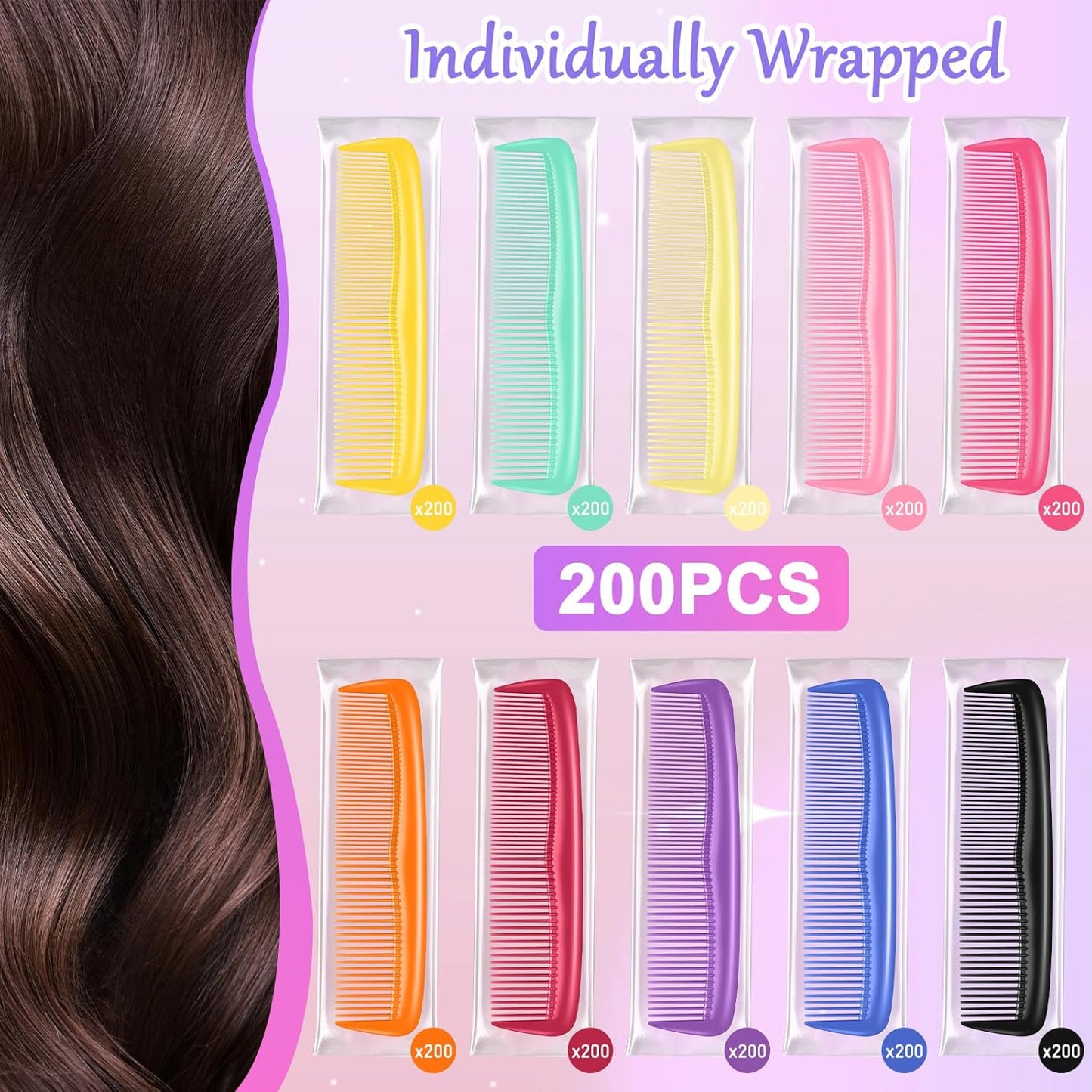 HOFASON 200 Pack Combs Bulk for Women Kids Homeless, Individually Wrapped Plastic Pocket Hair Combs Set Small Bulk Travel Combs for Styling, Homeless, Hotel, Shelter, Nursing Home, Charity, 10 Colors
