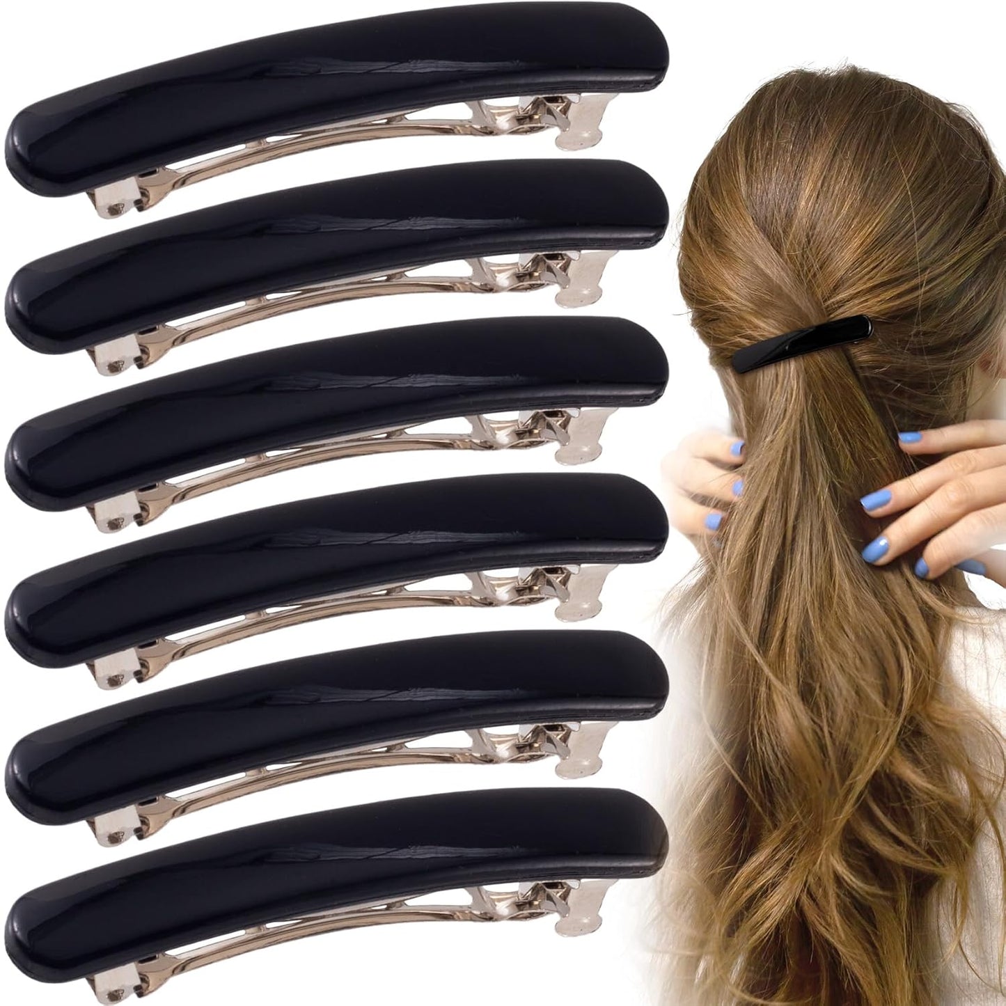 6PCS French Barrette Hair Clips for Women, 2.48 Inch Small Tortoise Shell Hair Clip, Curved Glossy Thin Hair Flat Hair Accessories for Women - Black, Oval Style