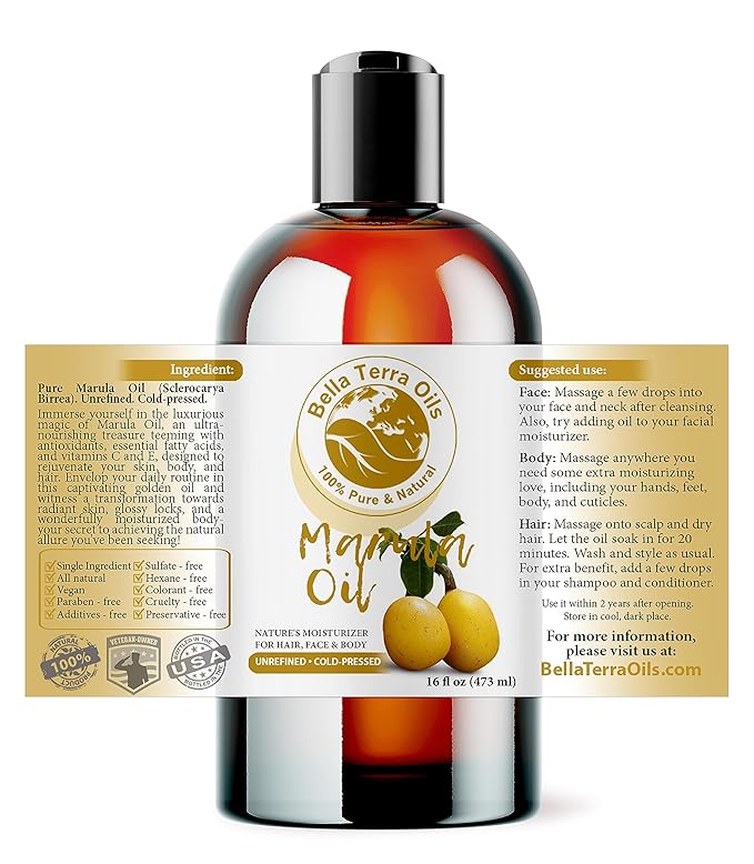 Bella Terra Oils - Marula Facial Oils 16oz - Dive Deep into the Luxury of Nature, Rich in Flavonoids & Minerals, Daily Dose of Radiance