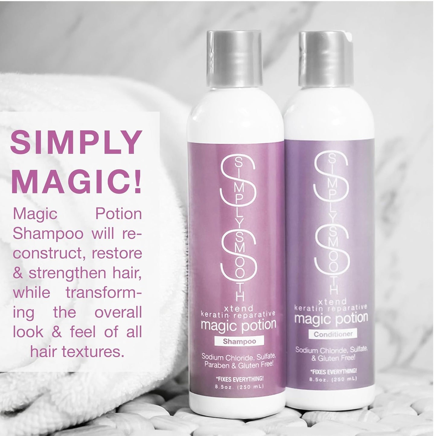 Simply Smooth Xtend Keratin Reparative Magic Potion Original Leave In Conditioner Detangler & Heat Protection Styling Spray Repair & Reduce Breakage Color Safe & Sodium Chloride Free 4 Oz.