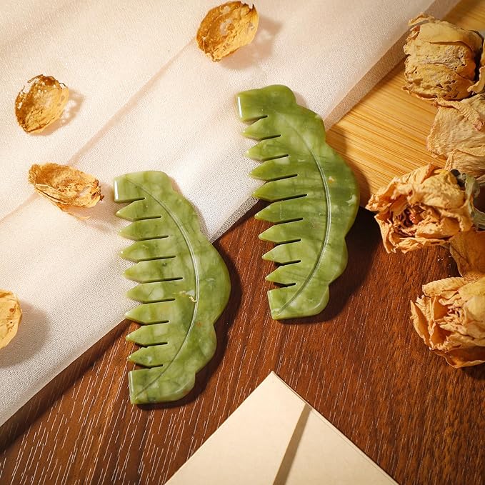 Geiserailie 2 Pieces Jade Combs Massage Stone Hair Gua Sha Scraping Scalp Comb Facial Massage Tool Multifunctional Handheld Head Tools Head Caring Therapy Mother's Day Gift(Plain Style)