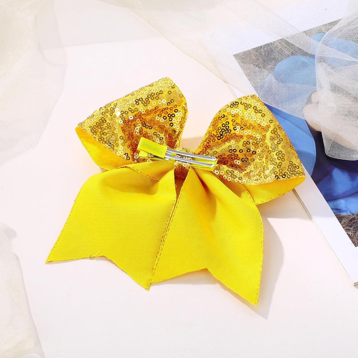 Large Big 7 Inch Glitter Bow Clip Sequin Bling Party Hair Accessories for Women Teens Girls Kids 3 Pcs (Yellow,Green,Blue)