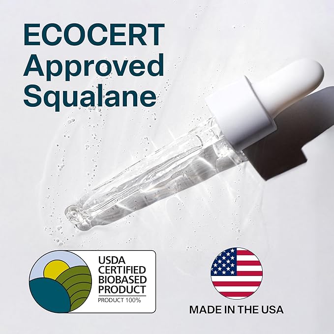 QRxLabs Pure Plant-Based Squalane Oil with Vitamin E (2 oz) - Organic ECOCERT/USDA Certified Squalane from Sugarcane - Moisturizer for Face, Body, Skin & Hair