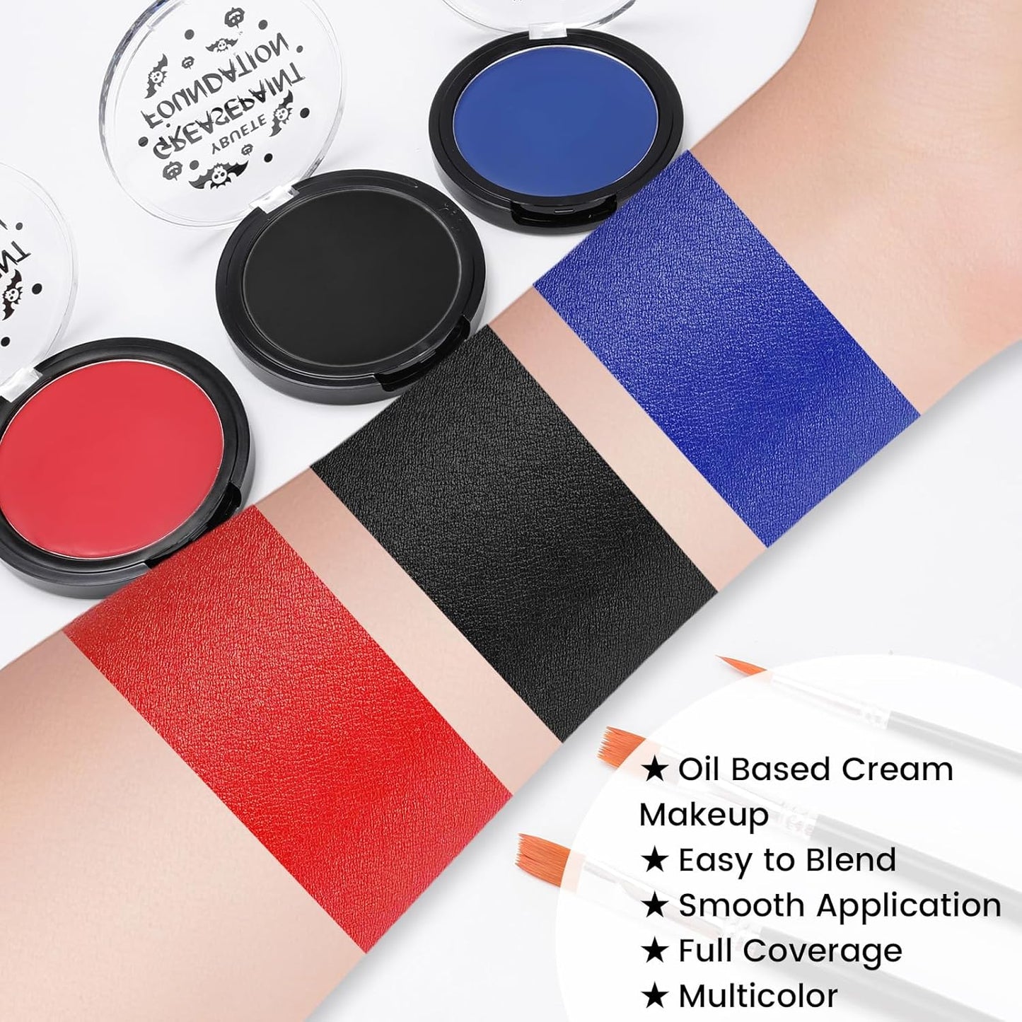Red Black Blue Oil Based Face Paint Kit with Painting Brushes, Professional Full Coverage Greasepaint for Adults Halloween Cosplay SFX Clown Vampire Skull Makeup Party Theater Stage