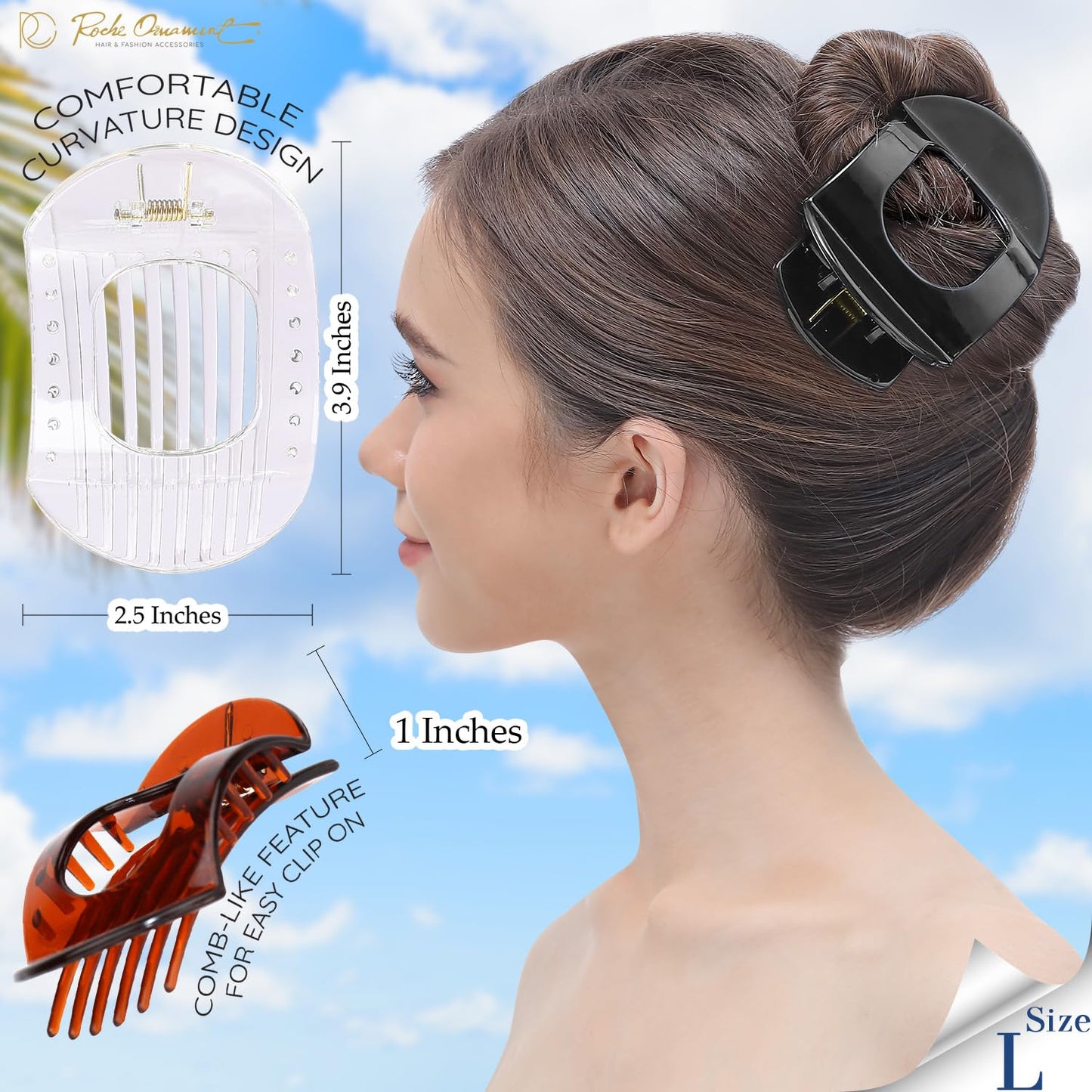 RC ROCHE 6 Pcs Flat Claw Hair Clips for Women Thick Hair French Round Duckbill Square Secure Strong Hold Grip Clamps Barrettes Curved No Slip No Crease Styling Cute Jumbo XL, Large Clear Brown & Black