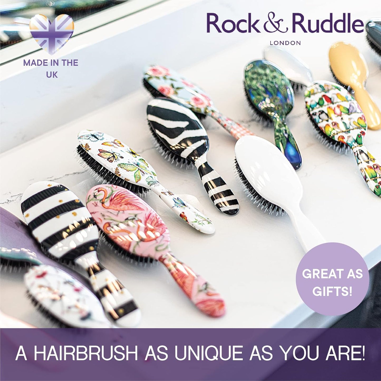 Rock & Ruddle Natural Mixed Boar Bristle Hair Brush for Women and Kids (Large, 21cm) - Perfect for Wet or Dry Hair, Detangling Smoothing Blowdrying - Designed & Made in UK - Zebra Print Design, Large