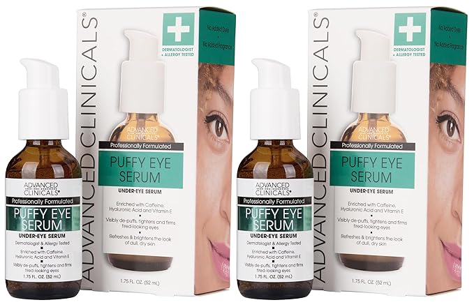 Advanced Clinicals Puffy Eye Under Eye Serum | Visible Anti Aging Brightening Vitamin C + Caffeine Serum Helps Improve Look Of Puffiness, Fine Lines, Dark Circles, & Uneven Skin Tone, 2-Pack