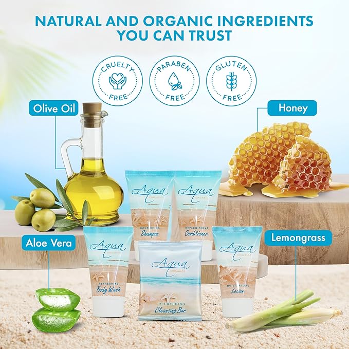 Aqua Organics Amenity & Accessory Kit | 1 oz Shampoo, Conditioner, Lotion, Body Wash, Body Bar, Cleansing Bar, Shave & Dental Sets, Make-Up Wipes, Vanity Kit | 60 Sets