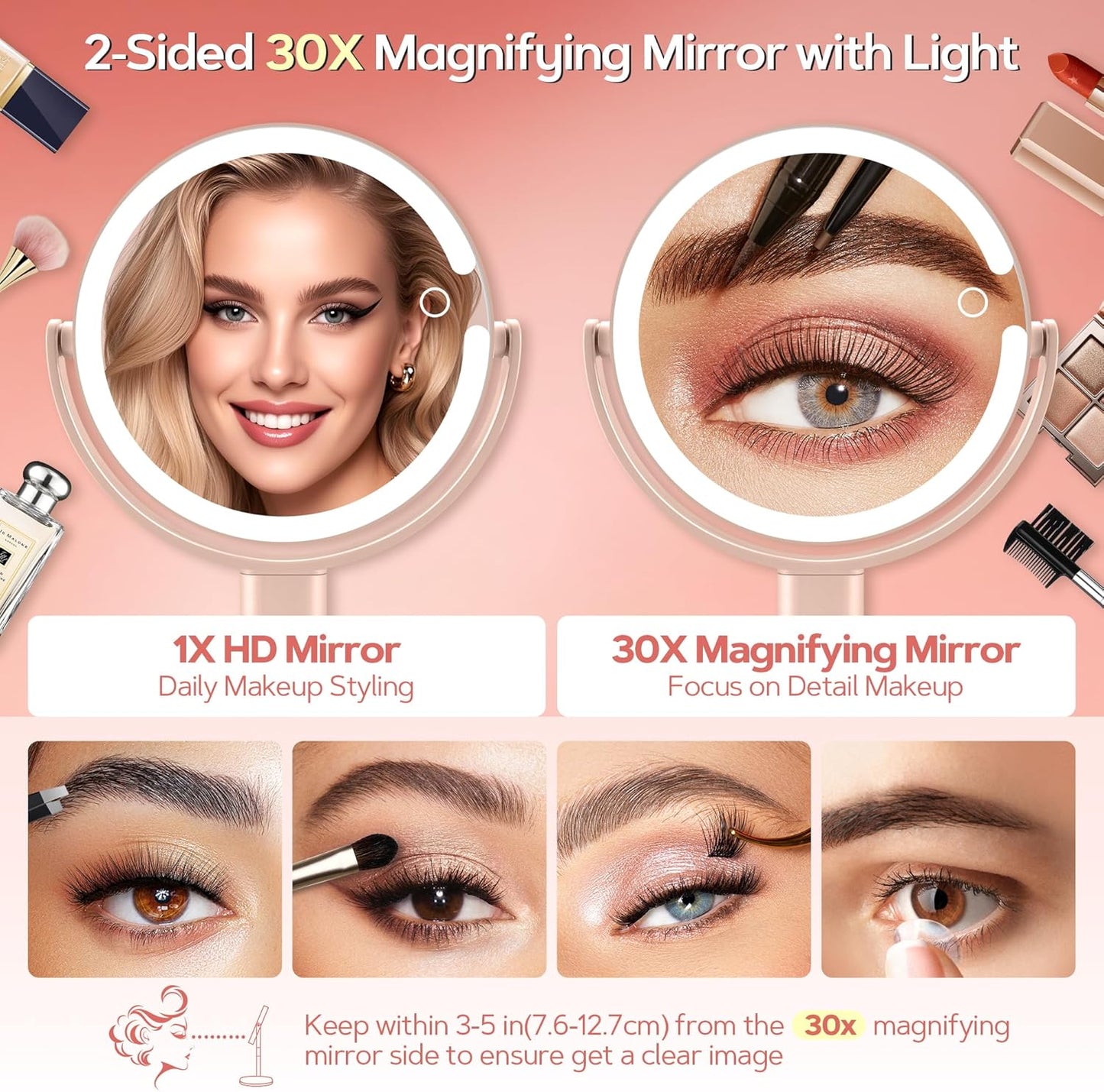 B Beauty Planet Makeup Mirror with Lights, Lighted Magnifying Mirror 30X with 3 Lighting and Adjustable Brightness, 2-Sided Height Adjustable Vanity Mirror for Bathroom, Gifts for Women Pink