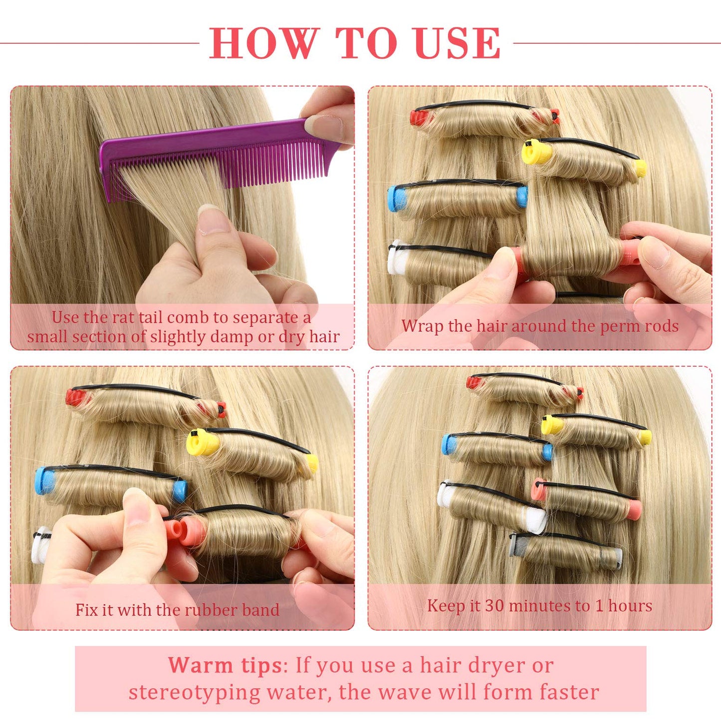 WILLBOND 72 Pieces Hair Perm Rods Set, Short Plastic Perming Rods Cold Wave Rods 6 Sizes Hair Curling Rollers with 1 Piece Steel Pintail Hair Comb for Hairdressing Hair Styling