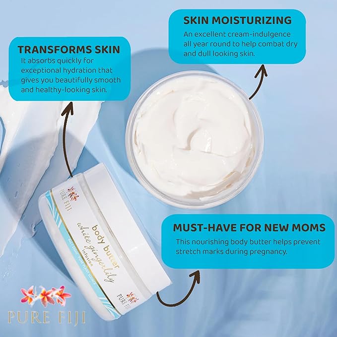 PURE FIJI Body Butter - Moisturizer Body Butter Cream - Face Cream and Body Lotion for Dry Skin with Natural Oils & Vitamin E, Body Butter For Women for Men,White Gingerlily, 8oz