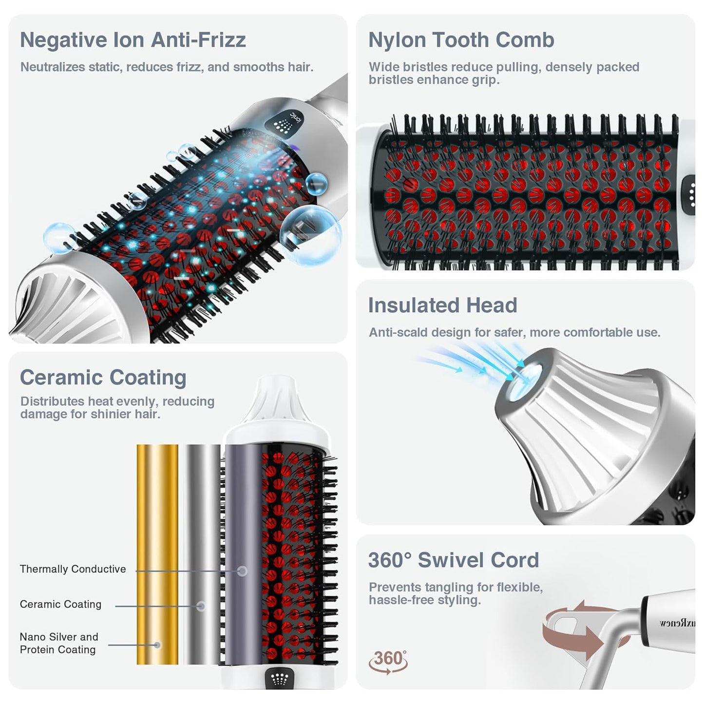 Infrared Bounce Brush, Heated Thermal Round Brush with Negative Ion Technology, 8 Heat Settings for Blowout Look with Hair Care Oil, Straightening & Curling, 1.65" Barrel for All Hair Types, White