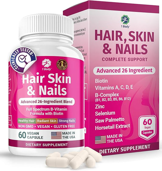 1 Body Hair Skin and Nails Vitamins with Biotin – Contains 26 Vitamins, Minerals and Herb Extracts – Hair and Nail Growth, Glowing Skin Supplements Formula for Men and Women – 60 Vegan Capsules