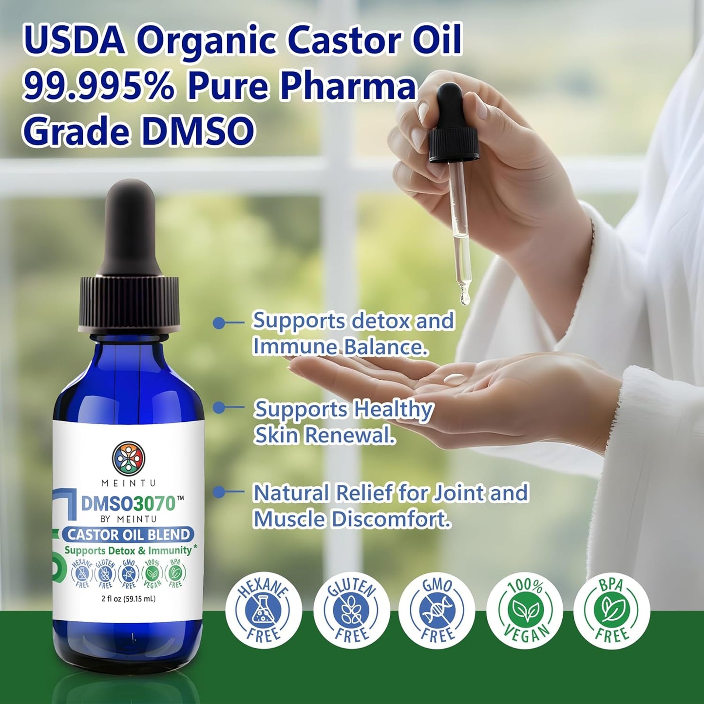 MEINTU DMSO Castor Oil- Pure Cold Pressed Organic Blend Supports Skin Renewal, Detox & Immune Balance- Hexane Free for Face, Joint & Muscles- Vegan Castor Oil for Eyelashes- 2 Oz