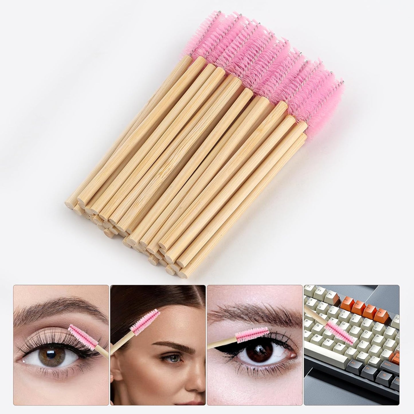 300 Pack Disposable Spoolies Brushes Sets Bamboo Mascara Wand Lip Brushes Cotton Swab for Eyebrow Eyelash Extension Tattoo Lipstick Applicator(Pink)