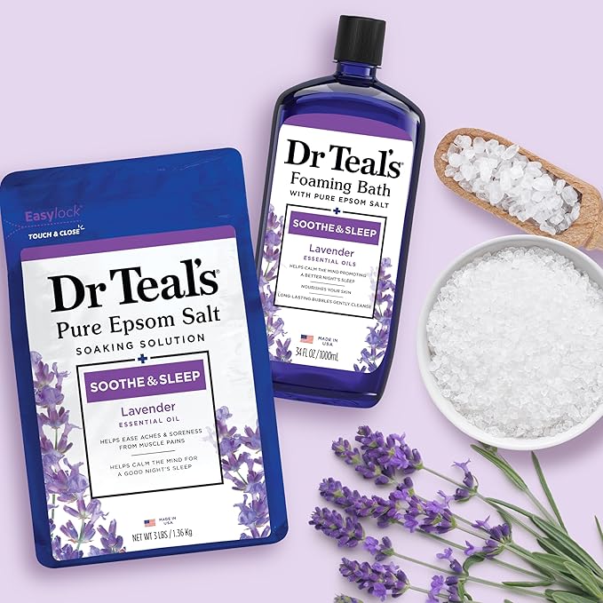 Dr Teal's Pure Epsom Magnesium Salt Soak and Foaming Bath, Soothe & Sleep with Lavender Essential Oils, Duo Pack
