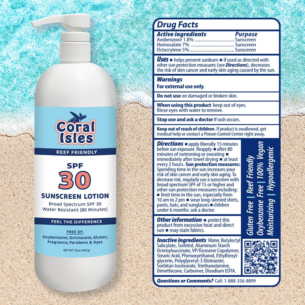 Coral Isles by Rocky Mountain Sunscreen | SPF 30 Lotion | Broad Spectrum UVA/UVB Protection | Hawaii Reef-Safe Act Compliant | Oxybenzone & Octinoxate Free | Water Resistant 80 Min. | 32 Fl Oz