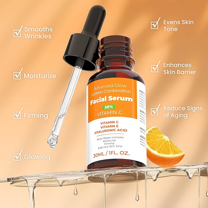 20% Vitamin C Face Serum with Golden Combination of Hyaluronic Acid and Vitamin E | Reduce Acne Spots | Even Skin Tone | Hydrating Face Serum Moisturising & Firming Skin Care | 1 Fl. Oz