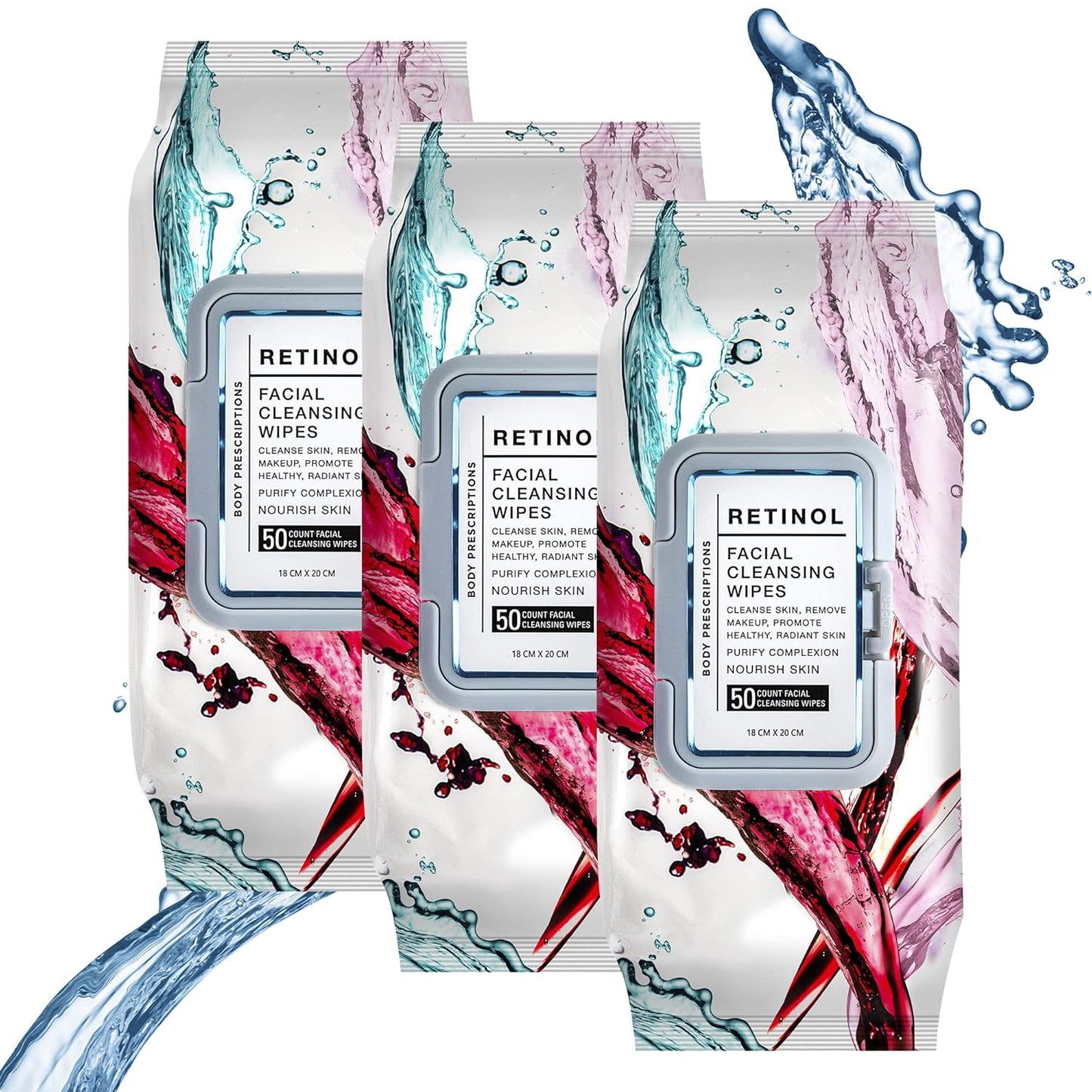 Body Prescription Makeup Cleansing Wipes - Gentle and Effective Face Wipes, 50 Count (Pack of 3), Retinol