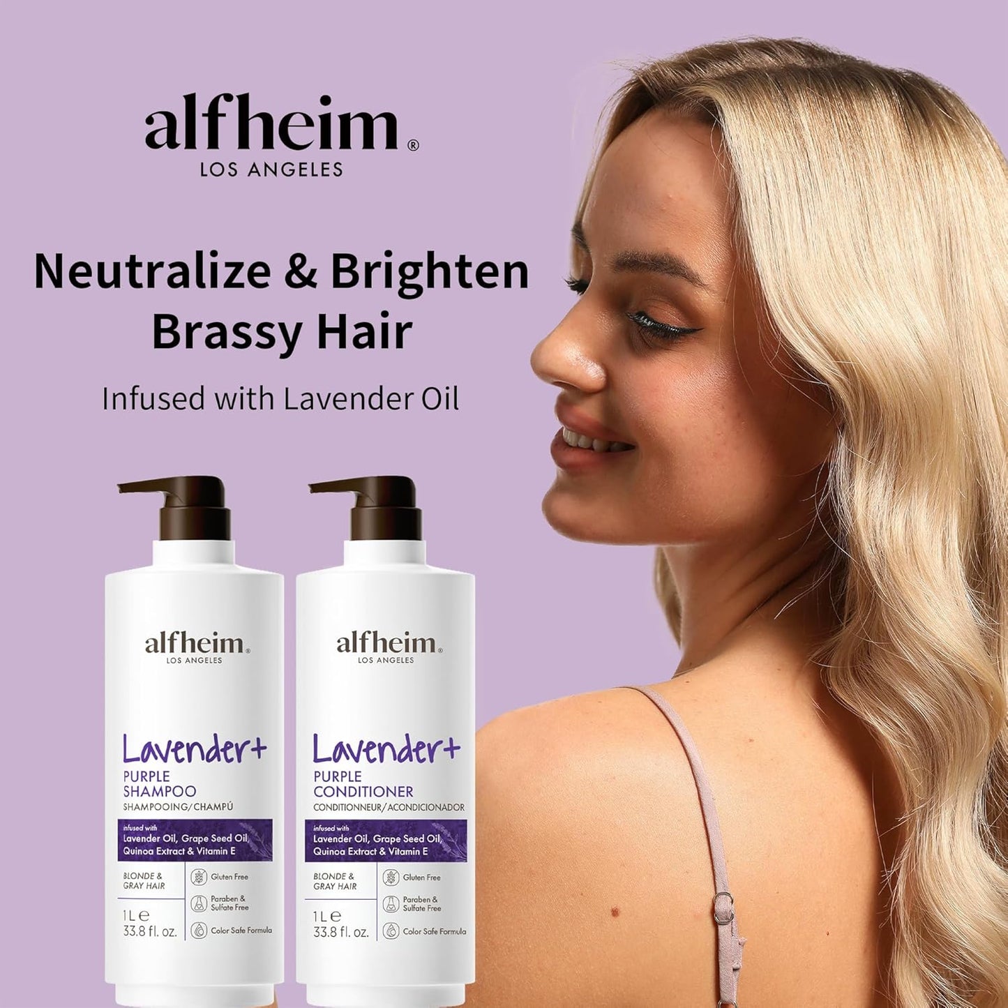 ALFHEIM Lavender+ Purple Shampoo & Conditioner Set for Blonde, Silver & Color-Treated Hair – Hydrates & Restores Cool Radiance – with Quinoa Extract & Vitamin E – Sulfate Free – 33.8 oz / 1000 ml × 2