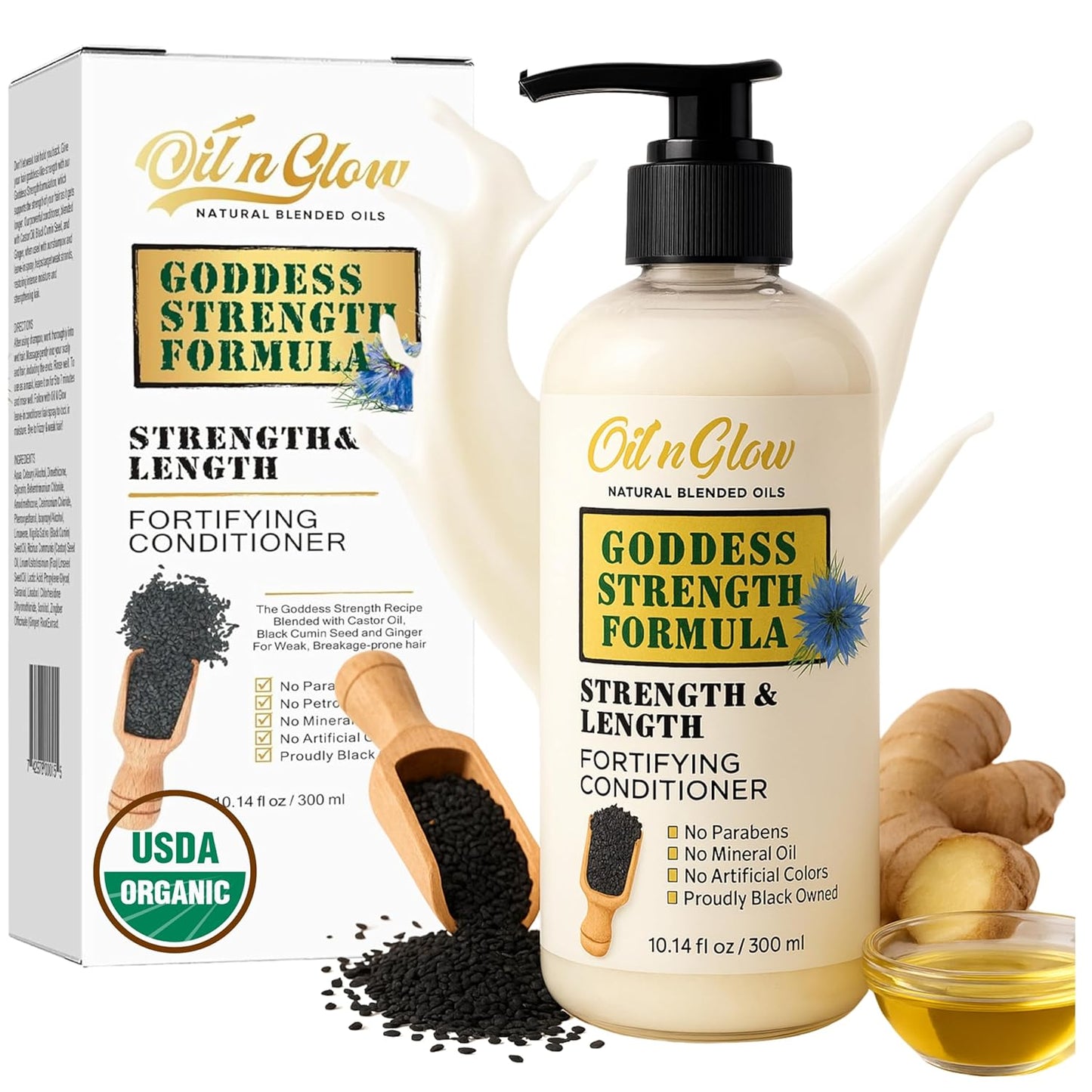 USDA Certified Natural Hair Growth Conditioner: Black Cumin Seeds, Ginger, Castor Oil Strengthening & Moisturizing Conditioner for Thinning, Damaged, Dry Hair - Fragrance Free 10 Fl Oz