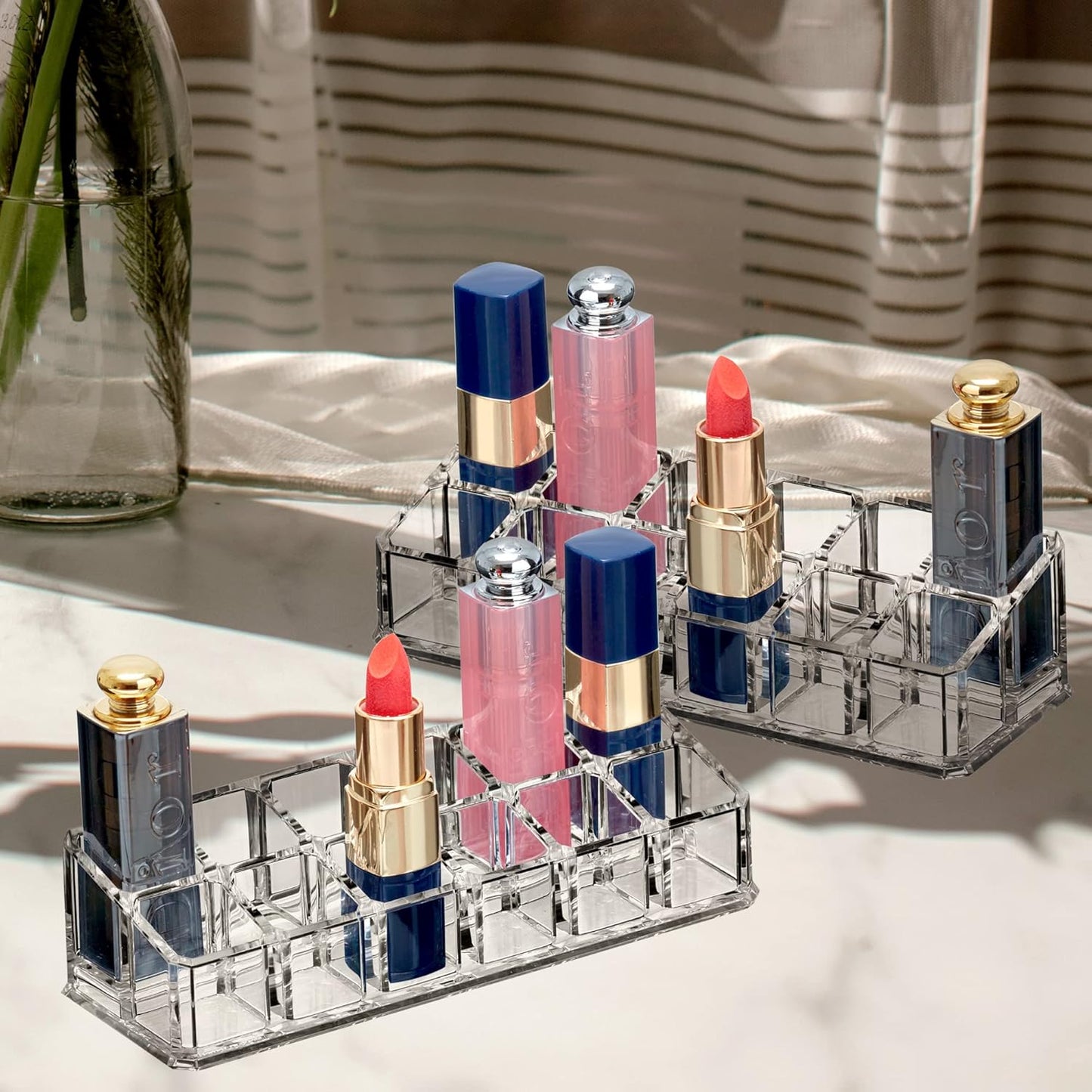 Amazing Abby - Glamour - 2-Pack 12-Slot Acrylic Lipstick Organizer, Lipstick Holder, Lip Gloss Holder, Cosmetic Storage Display, Perfect Storage Solution for Drawer and Vanity (Slot Size: 0.9" x 0.9")