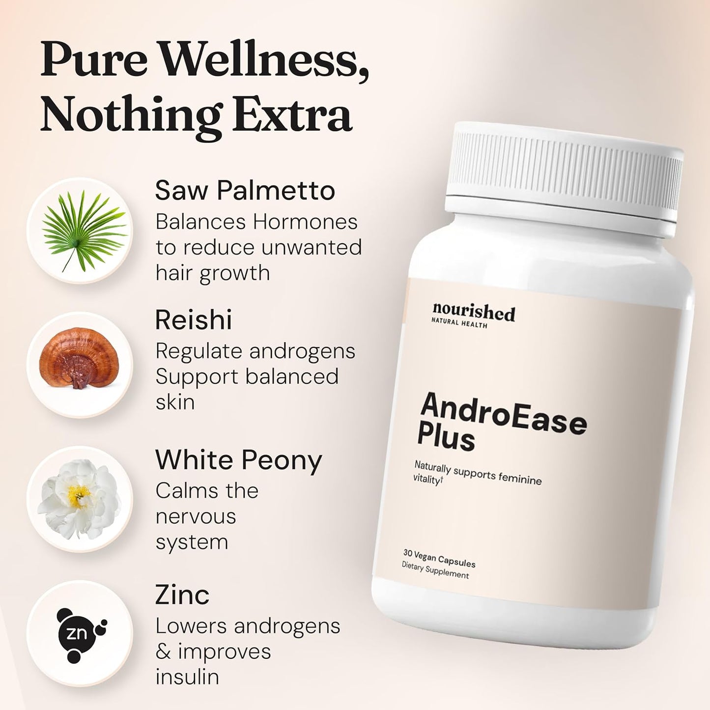 Nourished AndroEase Plus Double Strength – Vegan Hormone Balance for Women – Zinc, Reishi, Green Tea and Saw Palmetto – for Energy, Vitality, Facial Hair and Daily Wellness – 30 Capsules, Made in USA