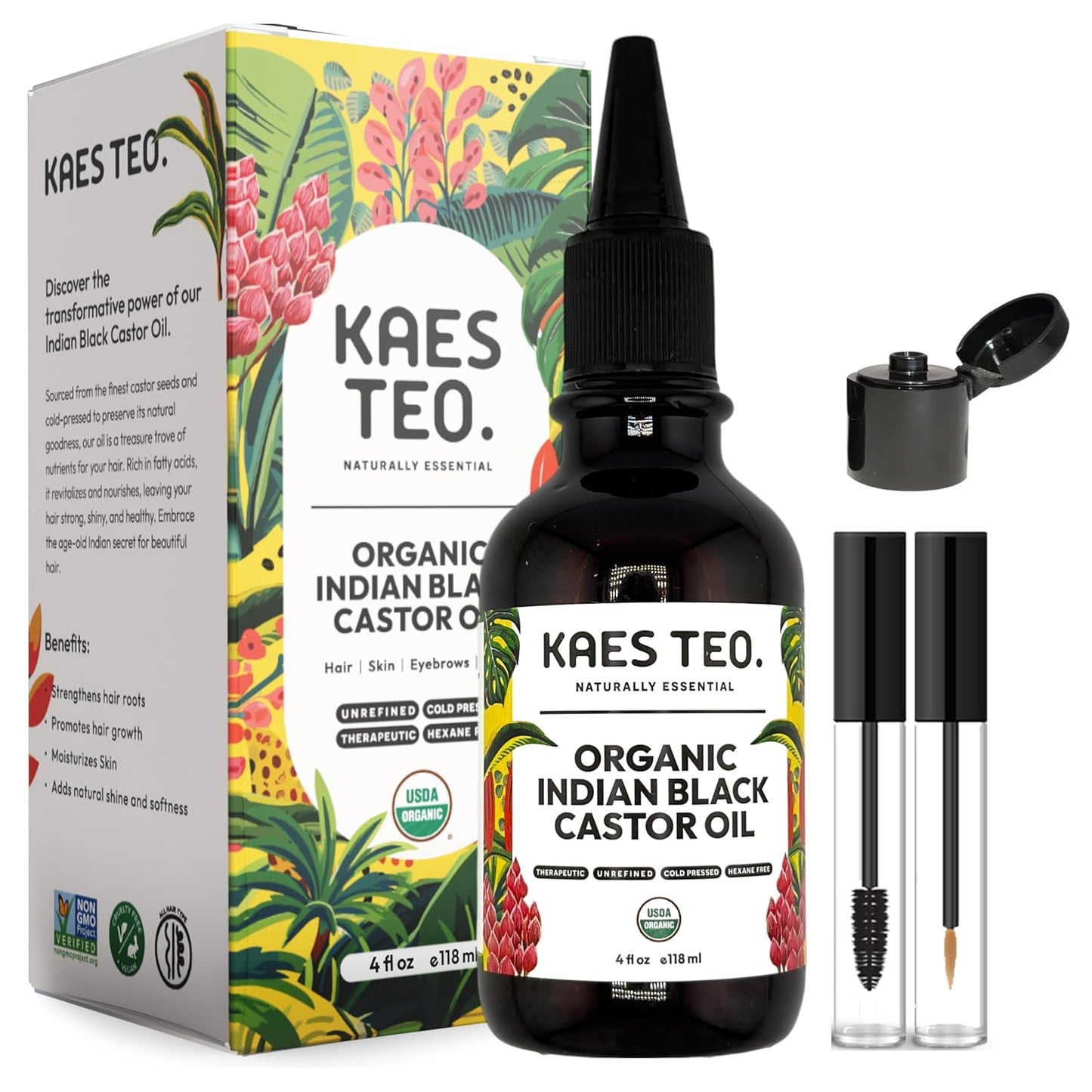 Organic Black Castor Ayurvedic Hair Oil Hexane Free, Boost Hair Growth, Not Jamaican Black Castor Oil, 100% Pure, Cold Pressed, USDA Certified, Skin, Nail, Scalp, Eyebrows & Lashes 4 fl oz