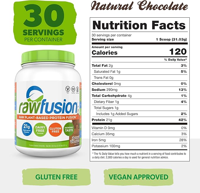 Rawfusion- Vegan Protein Powder, Natural Chocolate - 30 Servings, 21g of Plant Based Protein, Low Net Carbs, Non-Dairy, Gluten/Lactose Free, Soy Free, Kosher, Non-GMO, 2lbs Pound
