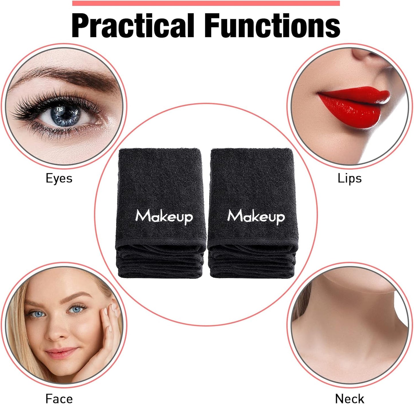 Chumia 18 Pcs Makeup Remover Cloths 13 x 13 Inch Makeup Towel Face Washcloths with Embroidery Black Reusable Washcloths Soft Cleansing Face Towel for Women