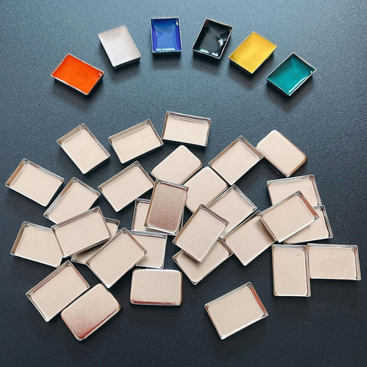 FCLUB 100PCS Tiny Empty Metal Pans 3/4" × 1/2" (0.6ml) – Shallow Rectangle Eyeshadow & Cosmetic Pans for Makeup, Watercolor, Lipstick, Blush, Foundation, DIY Magnetic Palette Refills