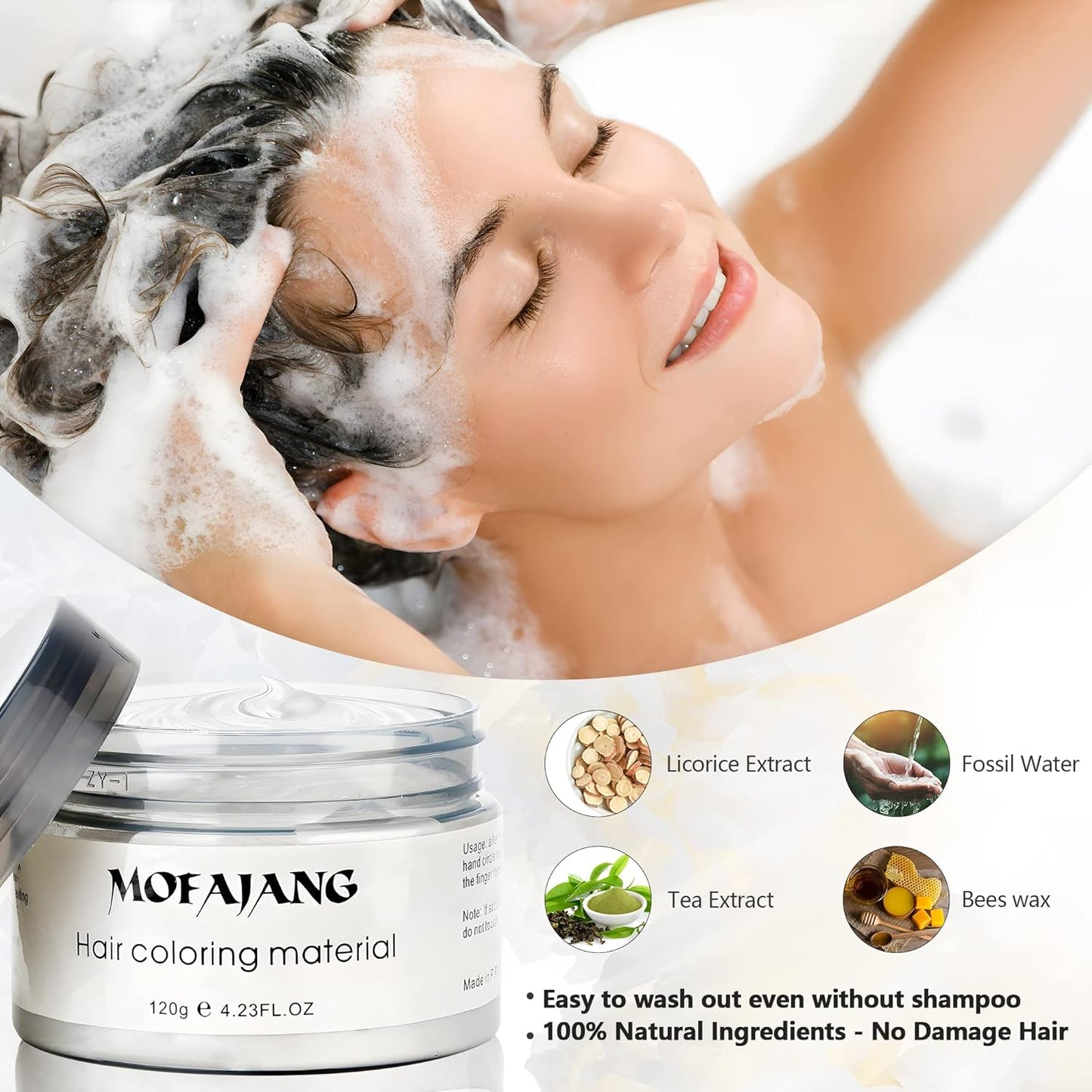 VOLLUCK White Hair Color Wax Pomades 4.23 oz - Natural Hair Coloring Wax Material Disposable Hair Styling Clays Ash for Cosplay, Party (White)