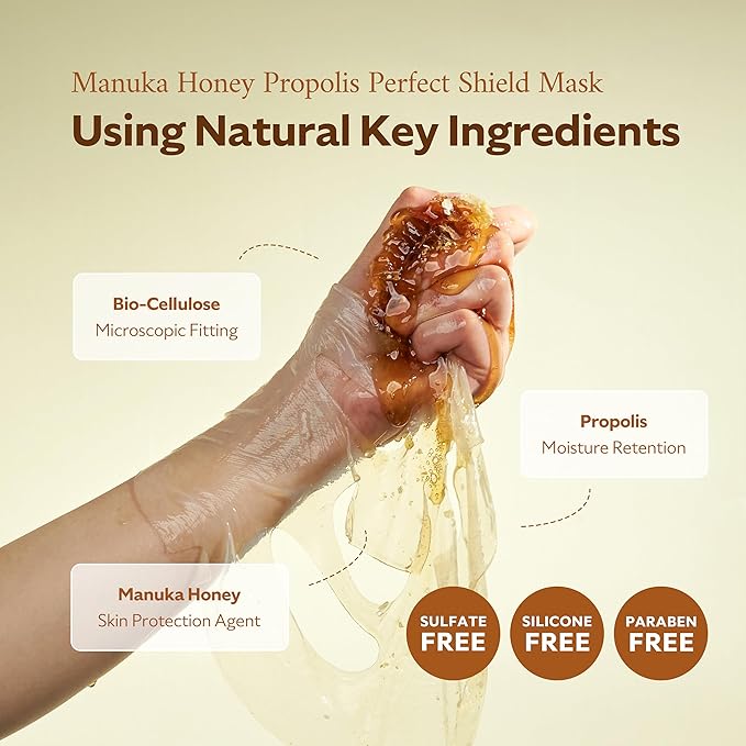 Manuka Honey Propolis Perfect Shield Mask | Face Sheet Mask | Hydrating, Anti-Aging, Cooling, Elasticity, Fine Lines Repair | Facial for Dry and Sensitive Skin | Korean Skin Care | 10 Sheets