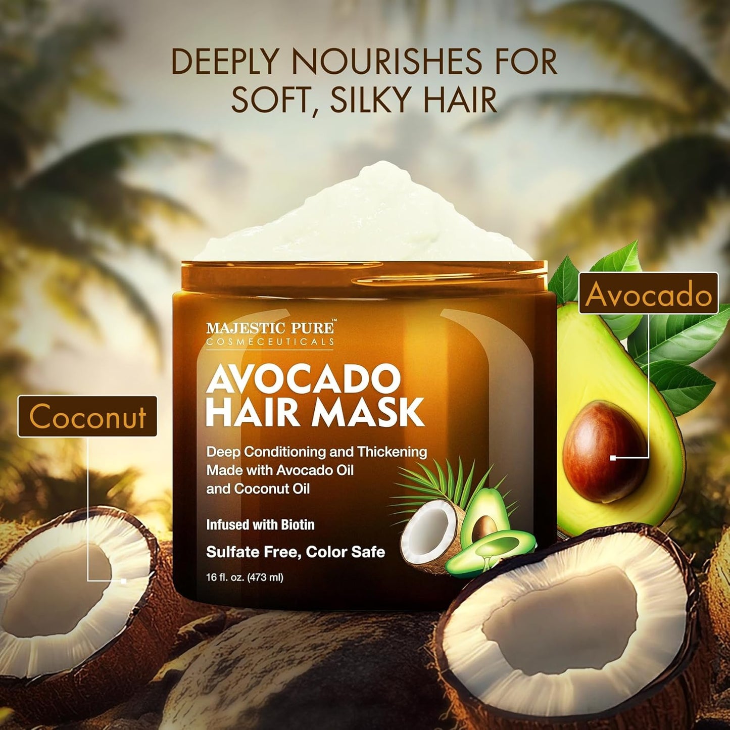 Majestic Pure Avocado and Coconut Hair Mask for Dry Damaged Hair - Infused with Biotin - Deep Conditioning, Hair Thickening, for Healthy Hydrated Hair, Sulfate Free, 16 fl oz