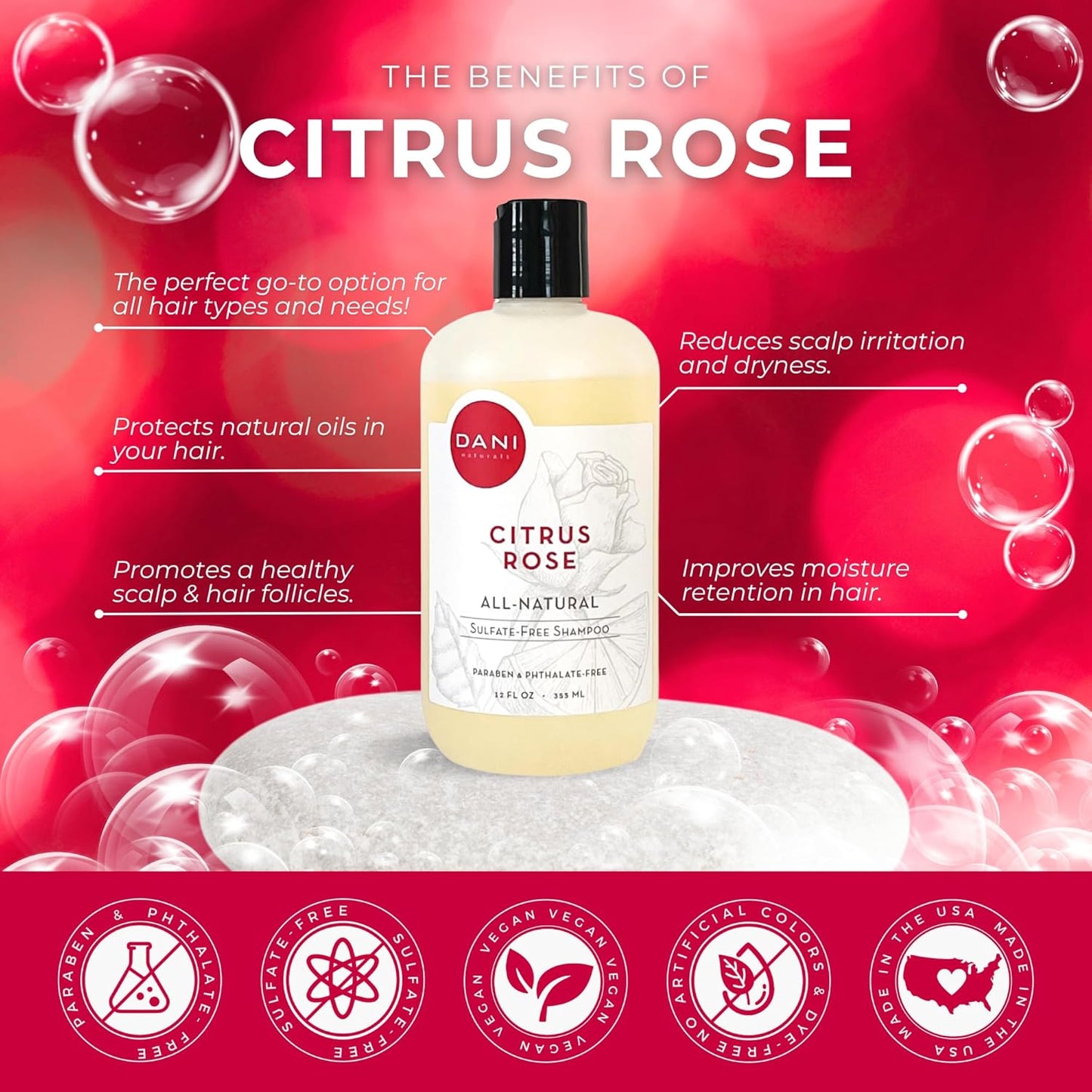 DANI Naturals Shampoo - Citrus Rose Scent is a sulfate-free, vegan, and organic shampoo that deeply moisturizes and nourishes all hair types, including color-treated hair