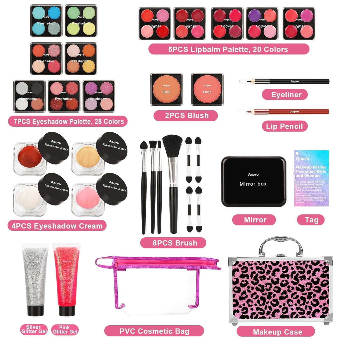 Anpro All-In-One Makeup Carry Case with Pro Teen Makeup Set, Full Starter Cosmetics Kit with Makeup Brushes, Lipsticks, Eye Shadows Palette, Blushes, Glitter Gel-Pink Leopard