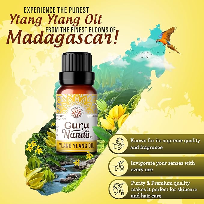 GuruNanda Ylang Ylang Essential Oil (10 ml) - 100% Pure, Natural and Undiluted Diffuser Oil for Aromatherapy, Massages & DIY Recipes
