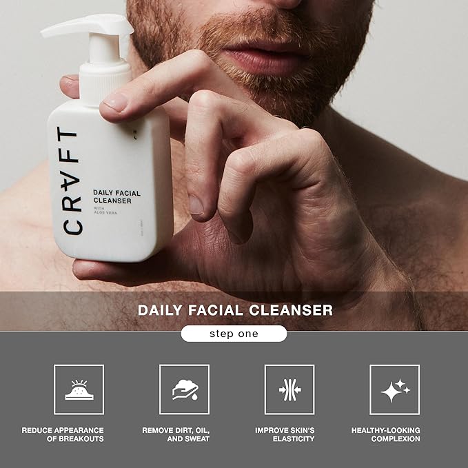 CRVFT 2-Step Men’s Facial Care Kit | Aloe Vera Face Wash 3oz | Hyaluronic Moisturizer 1oz | 2 Piece Complete Daily Face Care Routine | Look + Feel Your Best [Scented]