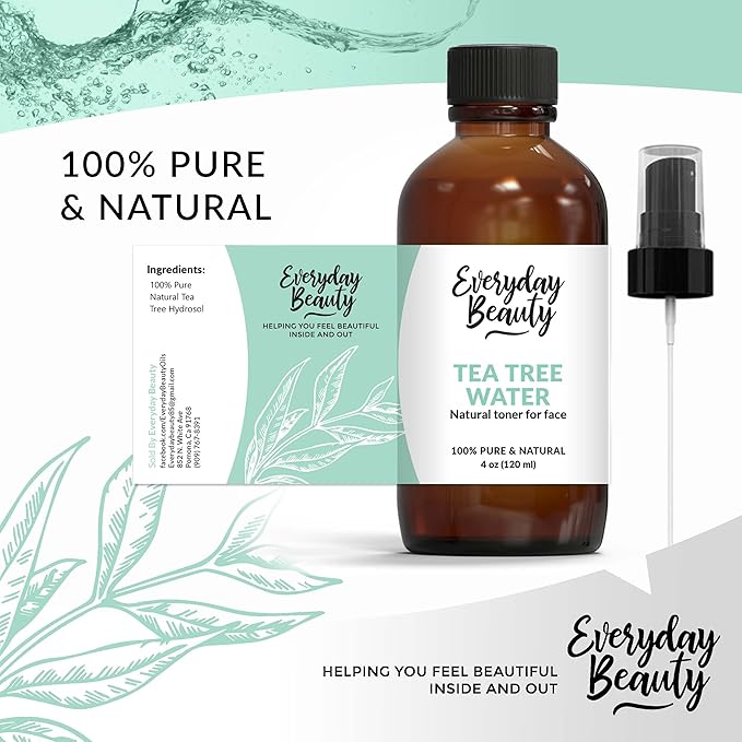 Tea Tree Water Facial Toner - All Natural Hydrating Spray Mist for Face and Hair - 100% All Natural Tea Tree Water Hydrosol 4oz with Fine Mist Cap