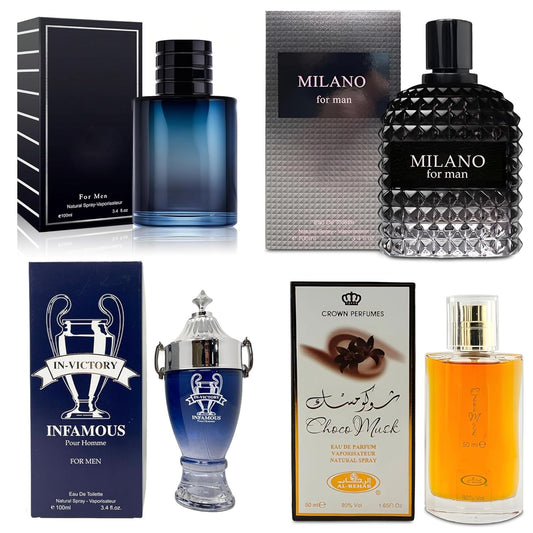 4-Piece Cologne for Men Includes Choco Musk/SE/Victory Infamous/Milano Scent of Woody, Spicy, Citrus & Aromatic eau de parfum Men Gift Set Each 100Ml for Daily Use