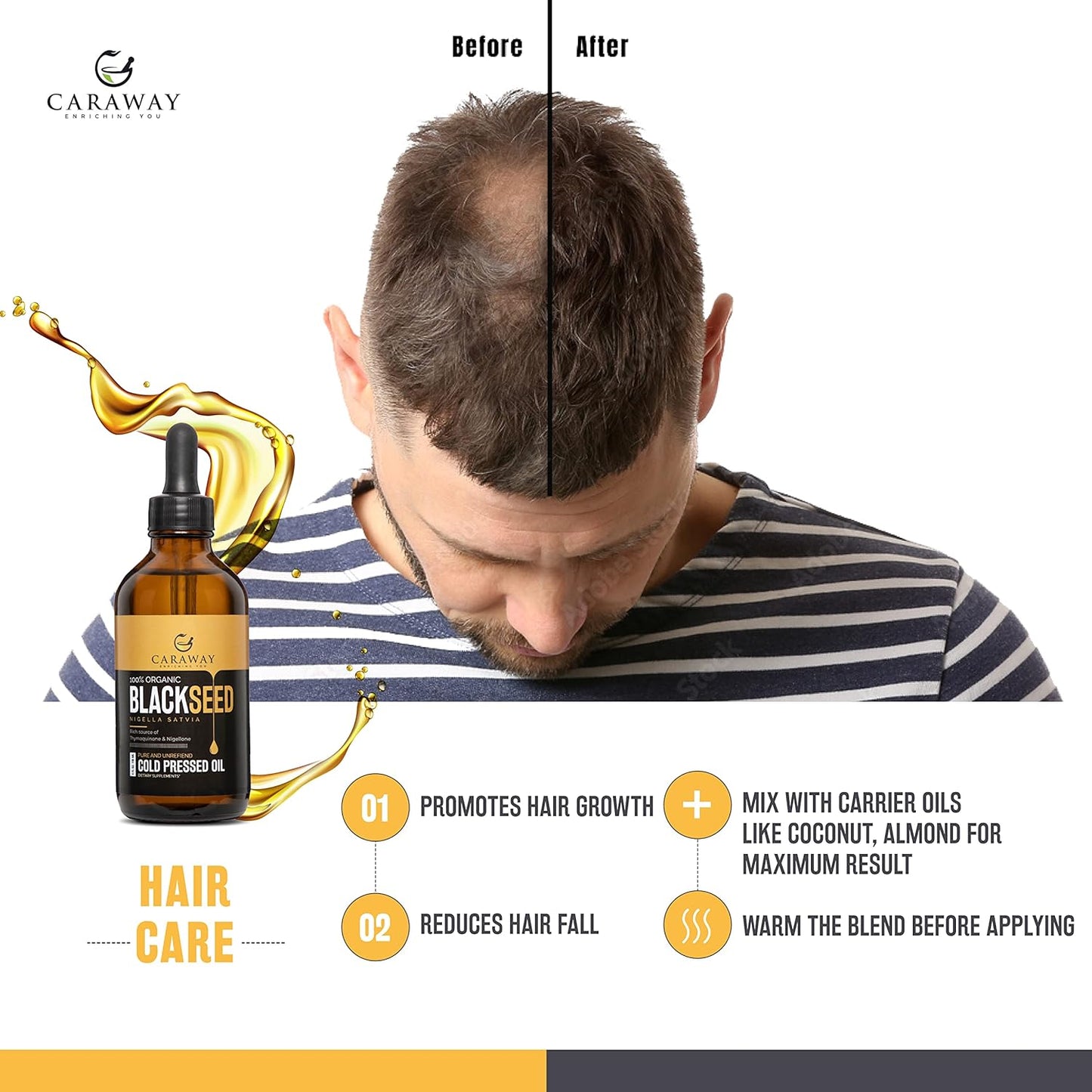 CARAWAY Organic Black Seed Oil - Cold Pressed Nigella Sativa Oil - Pure and Unrefined - Rich in Thymoquinone for Immune Support, Hair and Skin Care | Glass Bottle