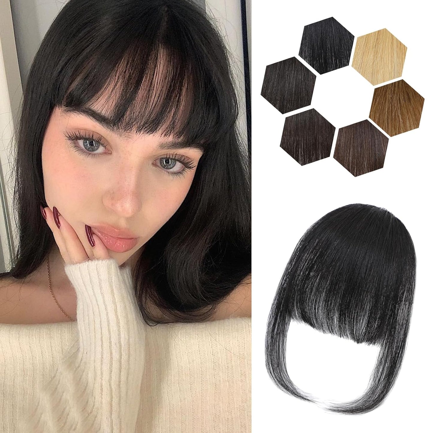 Clip in Bangs for Women - 100% Real Human Hair Wispy Bangs Hair Clip with Temples Hairpieces Fake Bangs for Daily Wear (Natural Black, Wispy Bangs)