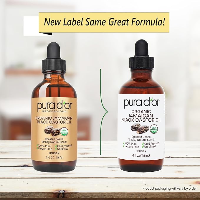 PURA D'OR 4 Oz ORGANIC Jamaican Black Castor Oil - Natural Smoky Scent - w/ 2 BONUS Empty Brushes - 100% Pure USDA Certified Cold Pressed & Roasted, Hexane Free Eyelash & Eyebrow Serum