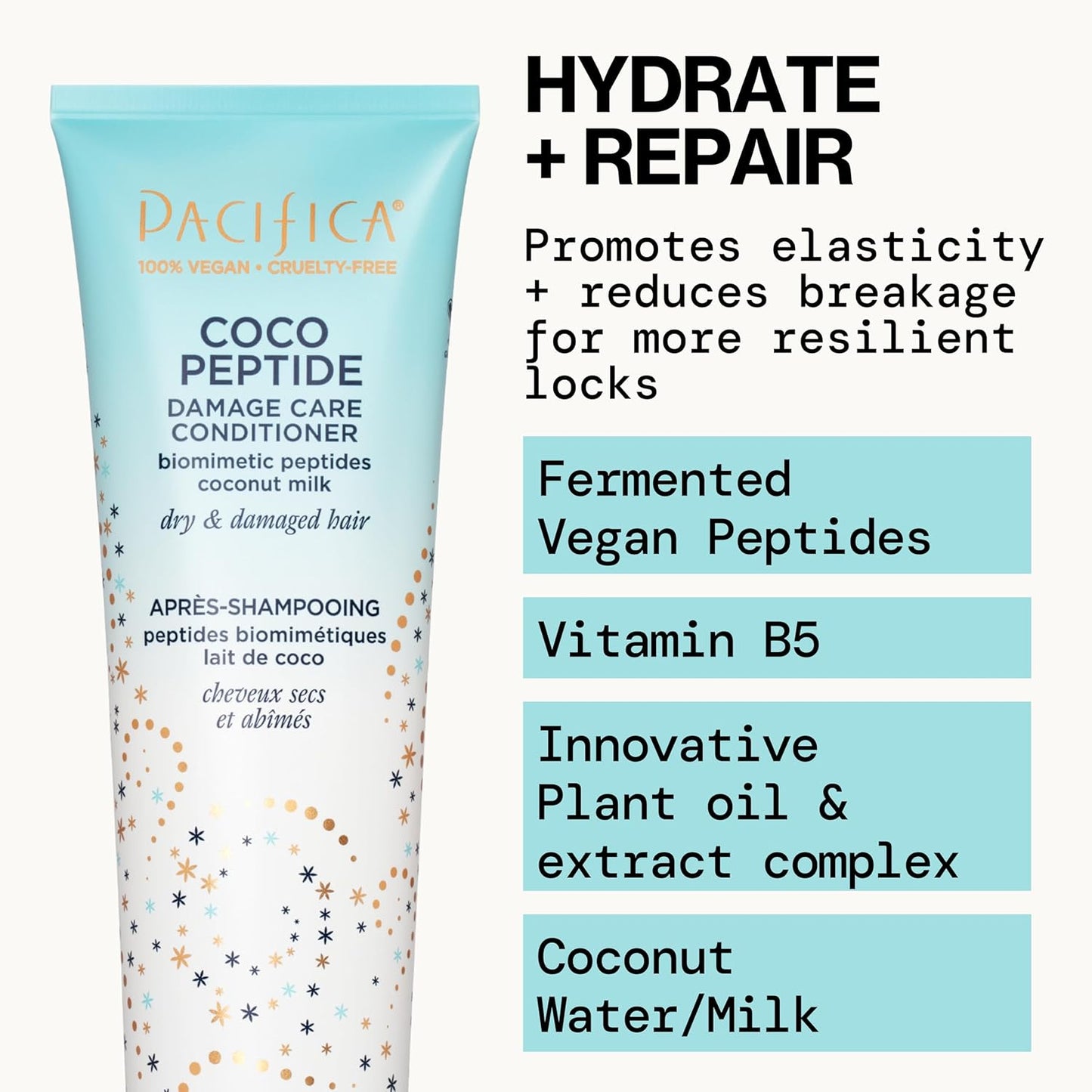 Pacifica Coco Peptide Damage Care Conditioner, Haircare, Repair Split Ends and Breakage, Hair Repair Treatment, Color Safe, For Dry and Damaged Hair, Hair Care, Vegan, 8 fl oz (1 Count)