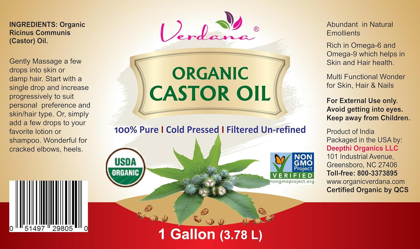 Verdana Organic Castor Oil 1 Gallon (128 fl oz) – USDA Certified Organic, Cold Pressed, Hexane-Free – For Hair, Eyelashes, Skin & Castor Oil Packs