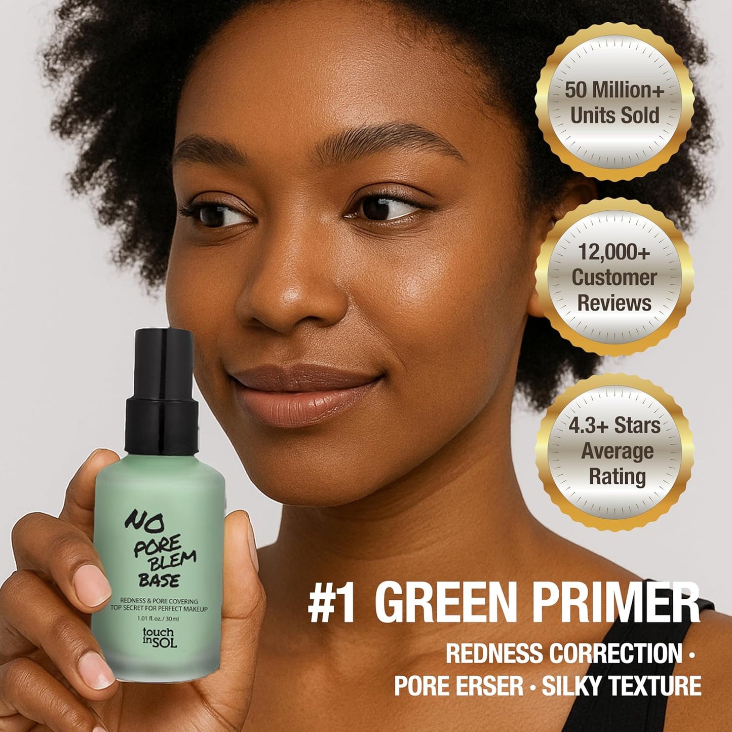 TOUCH IN SOL Redness Correcting Base Primer 1.01 fl.oz. - Pore Minimizing Green Toned Makeup Base - Tone Neutralizing before Foundation - Minimize Rosacea, Redness - No Pore Blem Primer Base