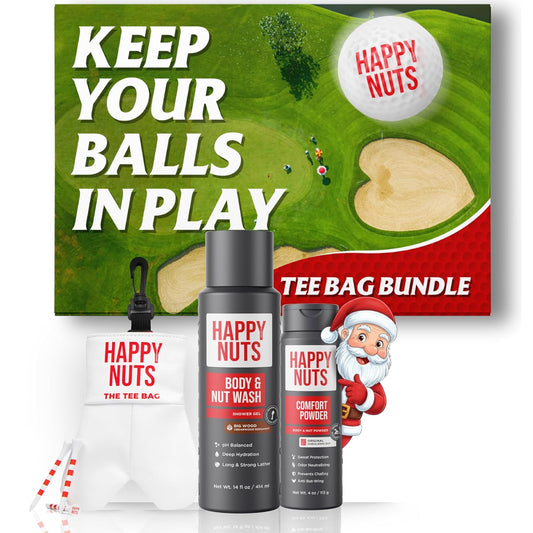 Happy Nuts Tee Bag Bundle for Men – Golf-Themed Grooming & Game Day Essentials - Perfect Men's Gift Kit for Golfers - Sandalwood Body Wash, Anti-Chafing Comfort Powder Deodorant & Golf Ball Tee Bag