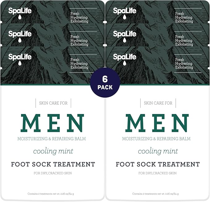Spa Life Men's Cooling Mint Foot Repair Balm and Moisturizing Socks Set - Revitalizing Hydrating Foot Mask for Soothing Tired, Achy Feet and Softening Dry, Cracked Skin One Size Fits Most- 6 Pairs
